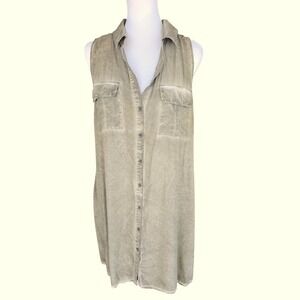 Umgee USA Sleeveless Button Up Utility Shirt Dress Khaki Green Size S
